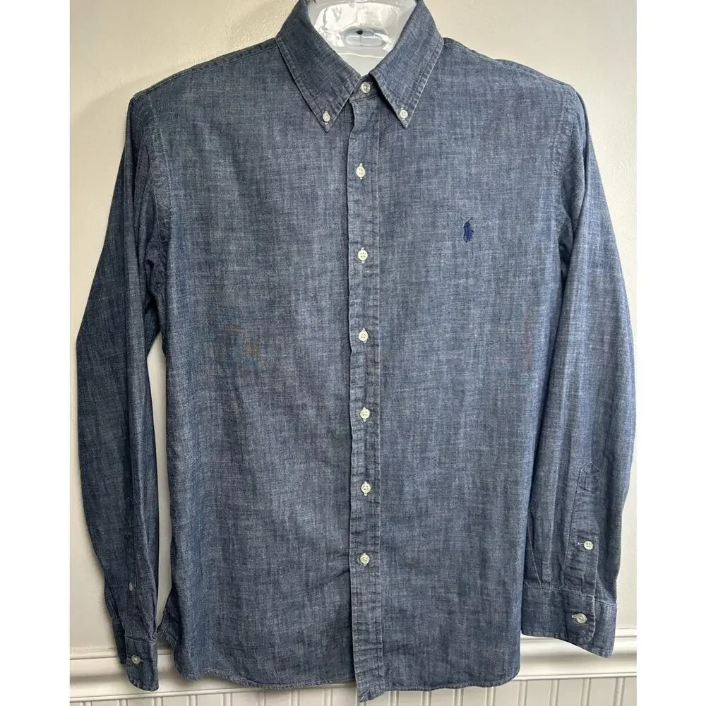 Vintage Polo Ralph Lauren Denim Button Down Shirt Men’s L Blue Custom Fit Preppy